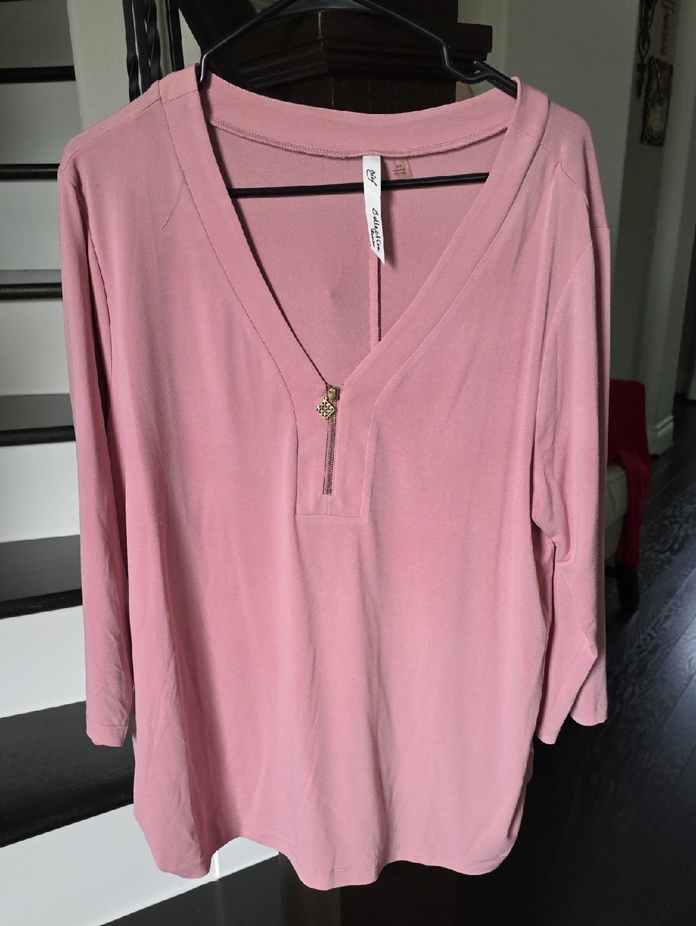 NY Collection Dusty Mauve V-Neck Long Sleeve Top with Gold Zip Accent